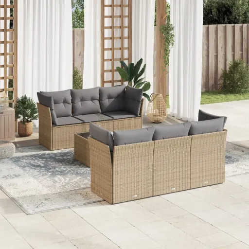 Conjunto de Sofás p/ Jardim com Almofadões Vime PE Bege (7 pcs)