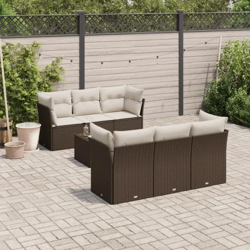 Conjunto de Sofás Jardim c/ Almofadões Vime PE Castanho (7 pcs)