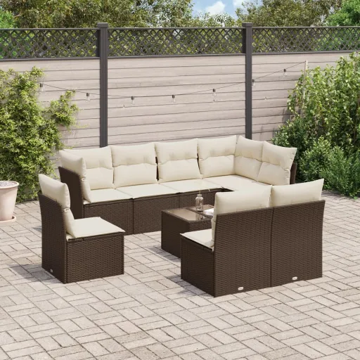 Conjunto Sofás p/ Jardim c/ Almofadões Vime PE Castanho (9 pcs)