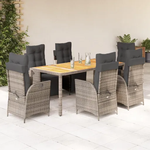 Conjunto de Jantar p/ Jardim c/ Almofadões Vime PE Cinza (7 pcs)