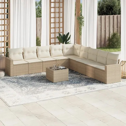 Conjunto de Sofás p/ Jardim com Almofadões Vime PE Bege (10 pcs)