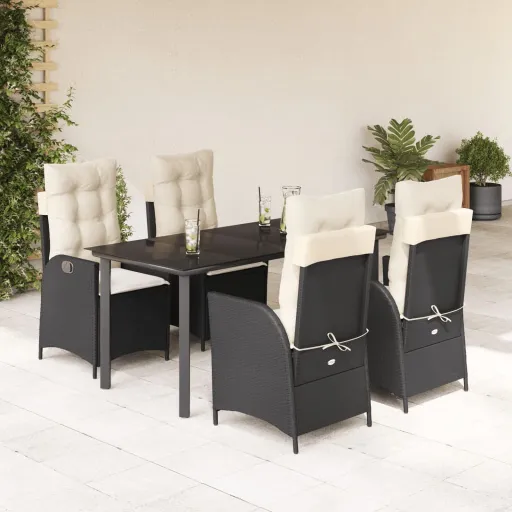 Conjunto de Jantar p/ Jardim c/ Almofadões Vime PE Preto (5 pcs)
