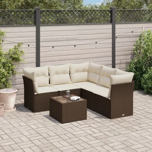 Conjunto de Sofás Jardim c/ Almofadões Vime PE Castanho (6 pcs)