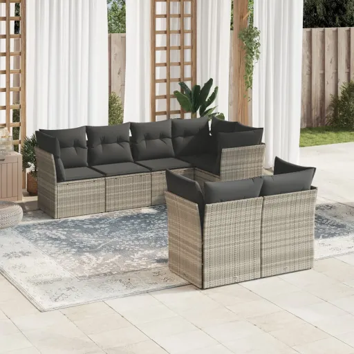 Conj. Sofás Jardim com Almofadões Vime PE Cinzento-Claro (7 pcs)