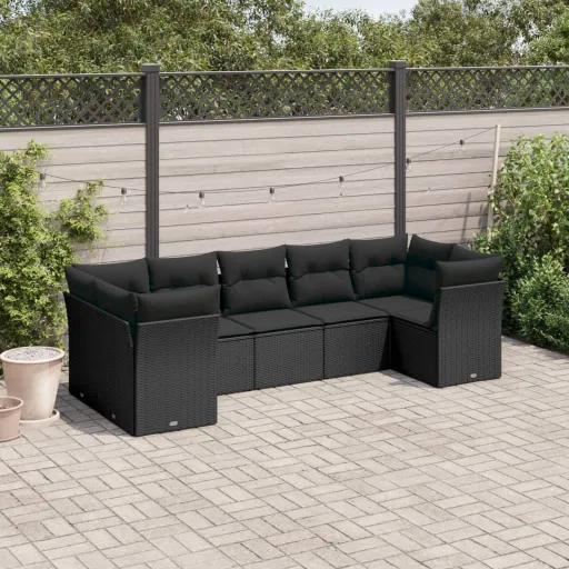 Conjunto de Sofás p/ Jardim c/ Almofadões Vime PE Preto (7 pcs)