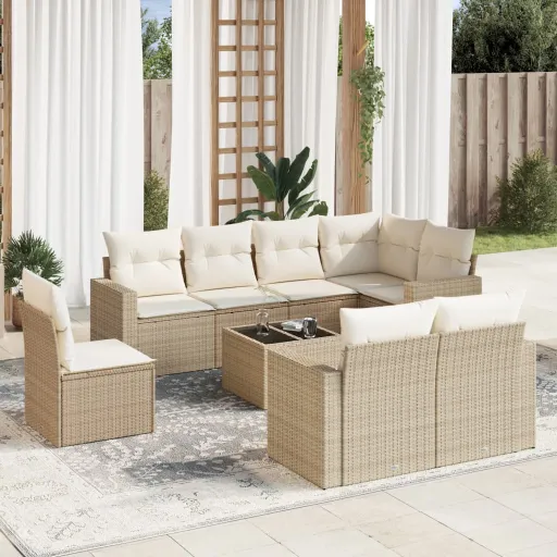 Conjunto de Sofás p/ Jardim com Almofadões Vime PE Bege (9 pcs)