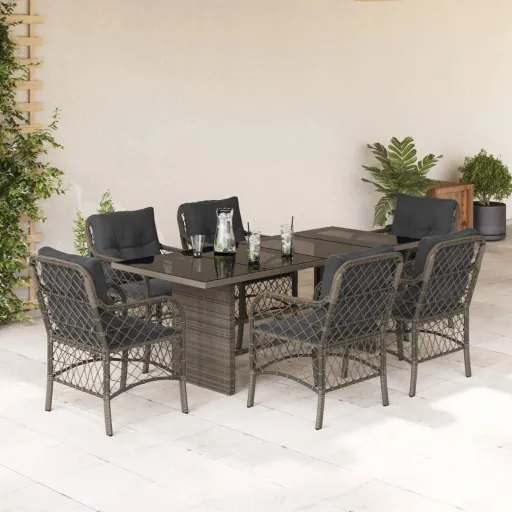 Conjunto de Jantar p/ Jardim c/ Almofadões Vime PE Cinza (7 pcs)