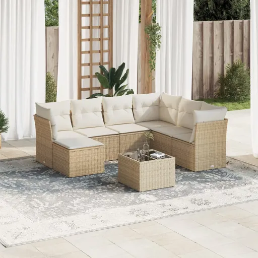 Conjunto de Sofás p/ Jardim com Almofadões Vime PE Bege (8 pcs)