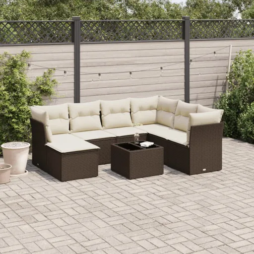 Conjunto Sofás de Jardim c/ Almofadões Vime PE Castanho (8 pcs)