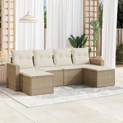 Conjunto de Sofás p/ Jardim com Almofadões Vime PE Bege (6 pcs)