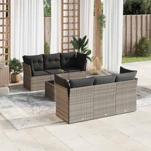 Conj. Sofás Jardim com Almofadões Vime PE Cinzento-Claro (7 pcs)