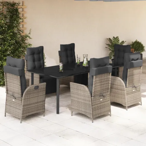 Conjunto de Jantar p/ Jardim c/ Almofadões Vime PE Cinza (7 pcs)