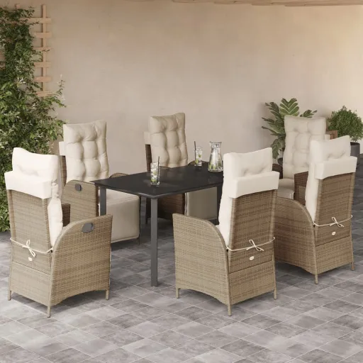 Conjunto de Jantar p/ Jardim com Almofadões Vime PE Bege (7 pcs)