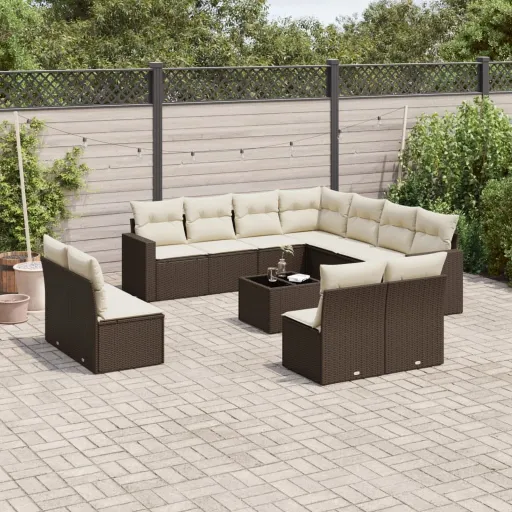 Conjunto de Sofás Jardim com Almofadões Vime PE Castanho (12 pcs)