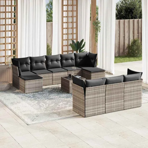 Conjunto Sofás de Jardim c/ Almofadões Vime PE Cinzento (11 pcs)