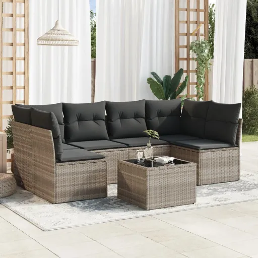 Conj. Sofás Jardim com Almofadões Vime PE Cinzento-Claro (7 pcs)