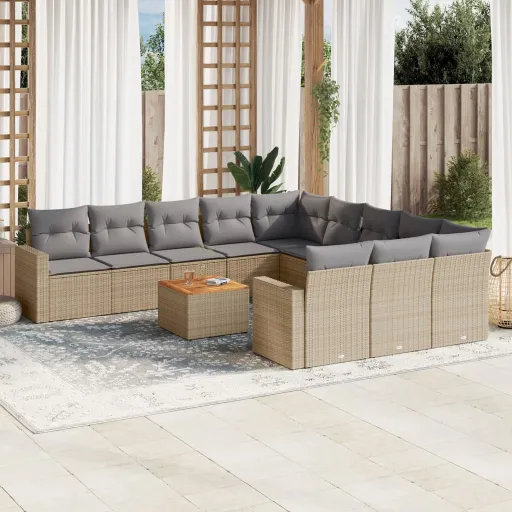 Conjunto de Sofás p/ Jardim com Almofadões Vime PE Bege (12 pcs)
