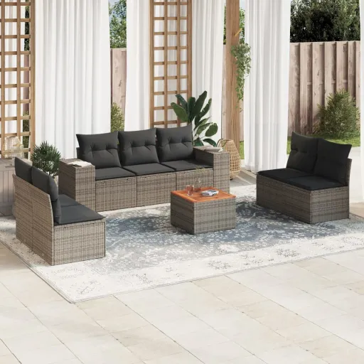 Conjunto Sofás de Jardim c/ Almofadões Vime PE Cinzento (8 pcs)