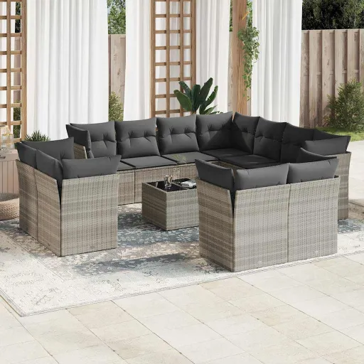 Conj. Sofás Jardim com Almofadões Vime PE Cinzento-Claro (12 pcs)