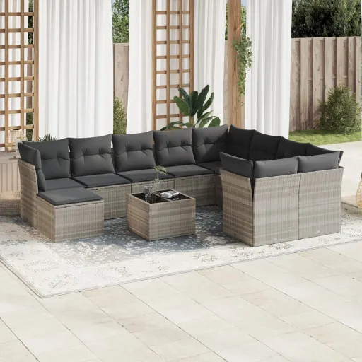 Conjunto Sofás de Jardim c/ Almofadões Vime PE Cinzento (11 pcs)