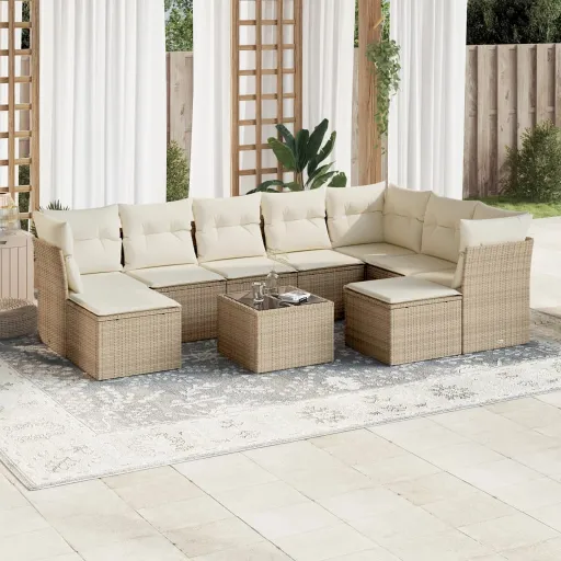 Conjunto de Sofás p/ Jardim com Almofadões Vime PE Bege (10 pcs)