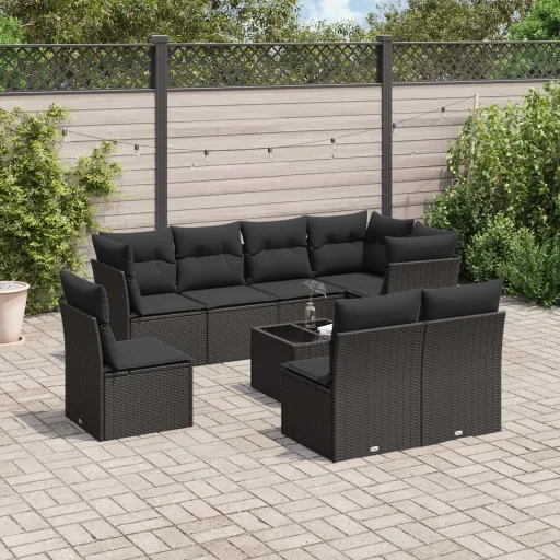 Conjunto de Sofás p/ Jardim c/ Almofadões Vime PE Preto (9 pcs)