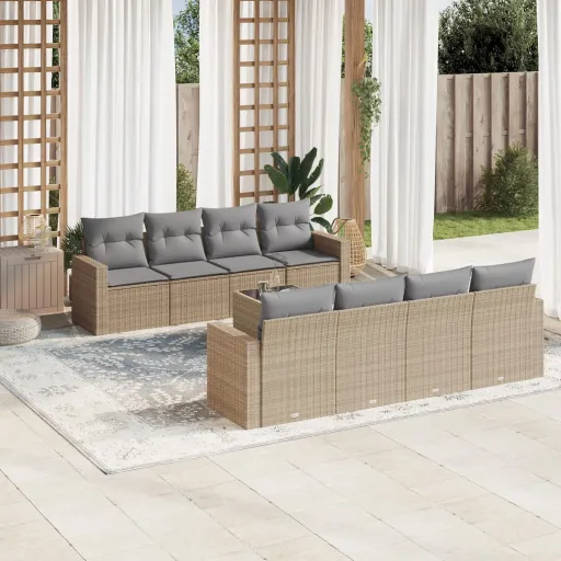 Conjunto de Sofás p/ Jardim com Almofadões Vime PE Bege (9 pcs)