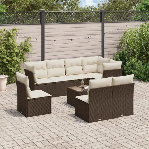 Conjunto Sofás p/ Jardim c/ Almofadões Vime PE Castanho (9 pcs)