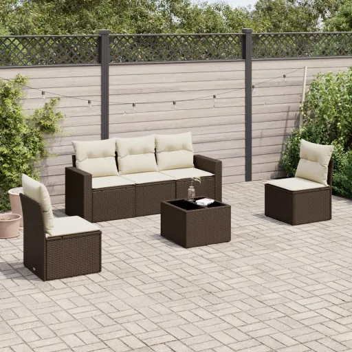 Conjunto de Sofás Jardim c/ Almofadões Vime PE Castanho (6 pcs)