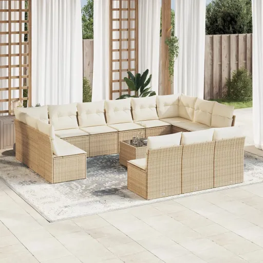 Conjunto de Sofás p/ Jardim com Almofadões Vime PE Bege (14 pcs)