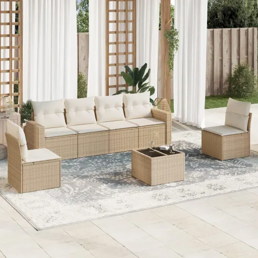 Conjunto de Sofás p/ Jardim com Almofadões Vime PE Bege (7 pcs)