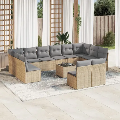Conjunto de Sofás p/ Jardim com Almofadões Vime PE Bege (13 pcs)