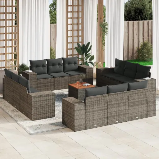 Conjunto Sofás p/ Jardim c/ Almofadões Vime PE Cinzento (13 pcs)