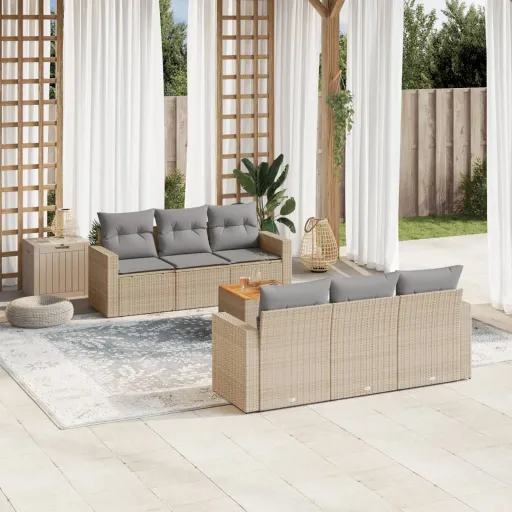 Conjunto de Sofás p/ Jardim com Almofadões Vime PE Bege (7 pcs)