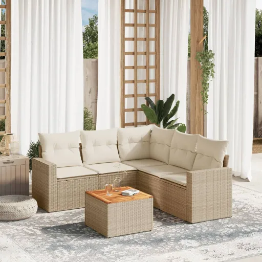 Conjunto de Sofás p/ Jardim com Almofadões Vime PE Bege (6 pcs)