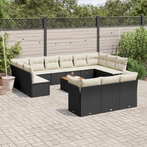 Conjunto de Sofás p/ Jardim c/ Almofadões Vime PE Preto (14 pcs)