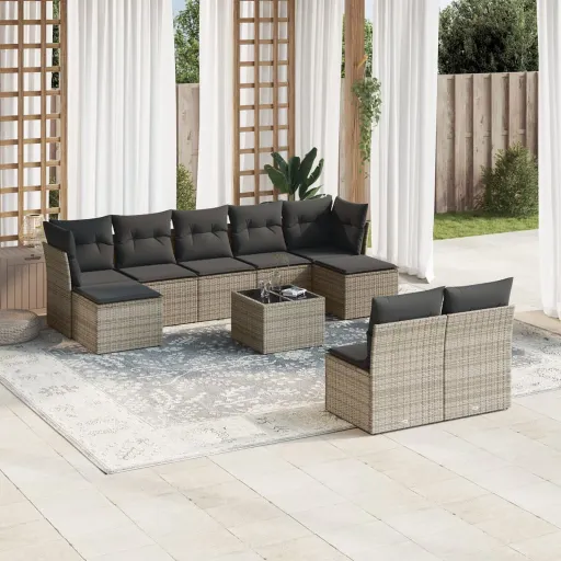 Conjunto Sofás de Jardim c/ Almofadões Vime PE Cinzento (10 pcs)
