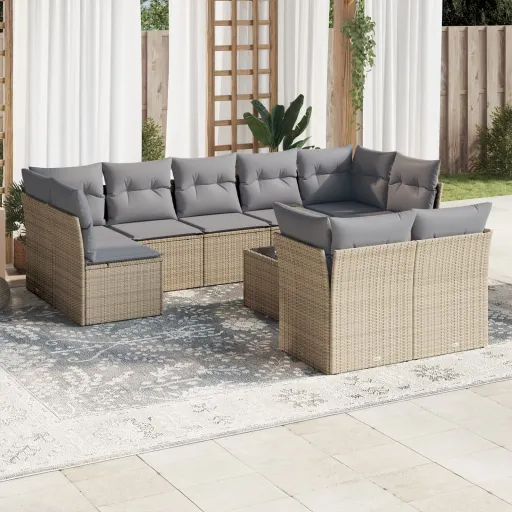 Conjunto de Sofás p/ Jardim com Almofadões Vime PE Bege (10 pcs)