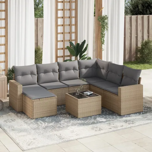 Conjunto de Sofás p/ Jardim com Almofadões Vime PE Bege (8 pcs)