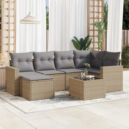 Conjunto de Sofás p/ Jardim com Almofadões Vime PE Bege (7 pcs)