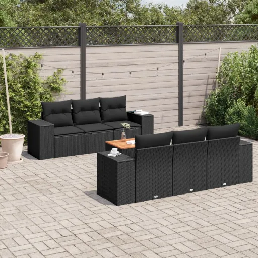 Conjunto de Sofás p/ Jardim c/ Almofadões Vime PE Preto (7 pcs)