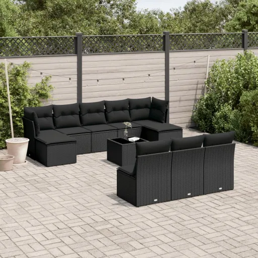 Conjunto Sofás de Jardim c/ Almofadões Vime PE Preto (11 pcs)