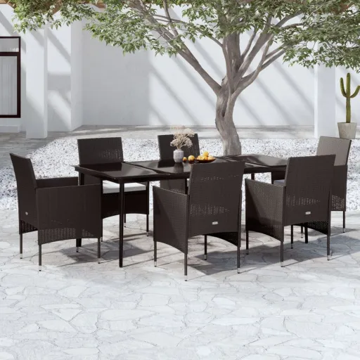 Conjunto de Jantar para Jardim com Almofadões Preto (7 pcs)