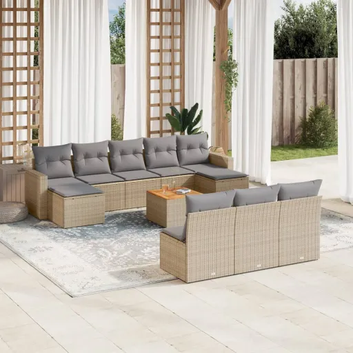 Conjunto Sofás de Jardim c/ Almofadões Vime PE Bege (11 pcs)