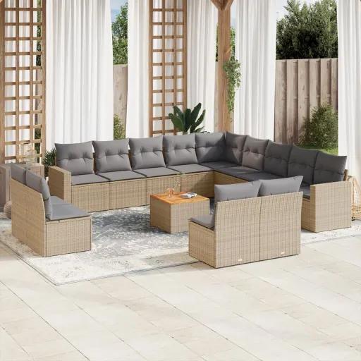 Conjunto de Sofás p/ Jardim com Almofadões Vime PE Bege (14 pcs)