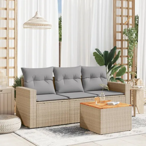 Conjunto de Sofás para Jardim c/ Almofadões Vime PE Bege (4 pcs)