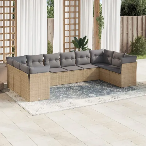 Conjunto de Sofás p/ Jardim com Almofadões Vime PE Bege (10 pcs)