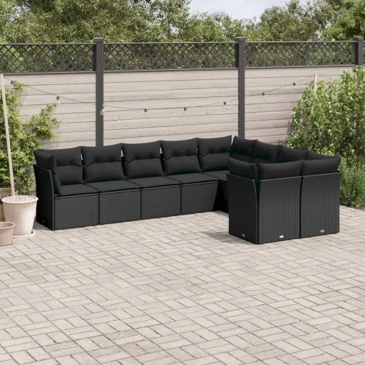 Conjunto de Sofás p/ Jardim c/ Almofadões Vime PE Preto (9 pcs)