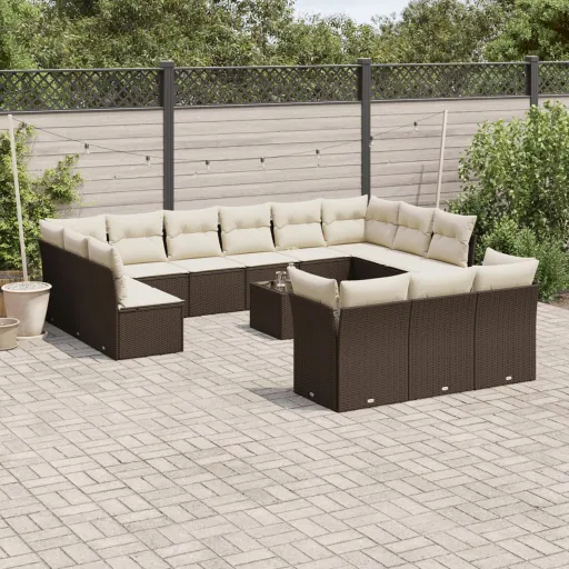 Conjunto Sofás p/ Jardim c/ Almofadões Vime PE Castanho (14 pcs)