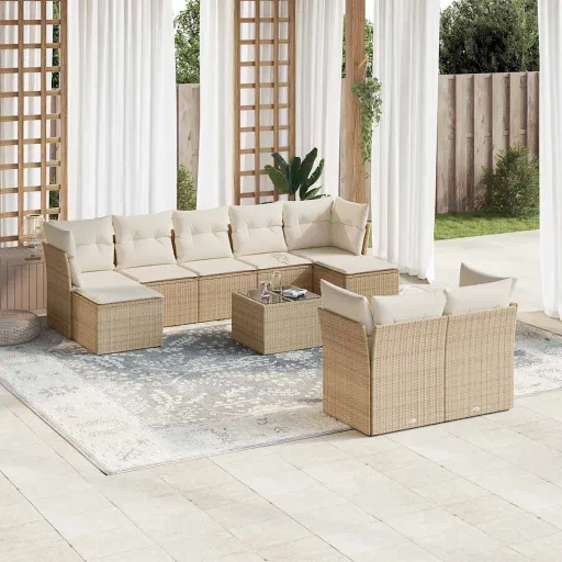 Conjunto de Sofás p/ Jardim com Almofadões Vime PE Bege (10 pcs)